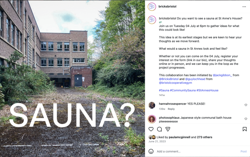 Instagram post with the word 'sauna?'
